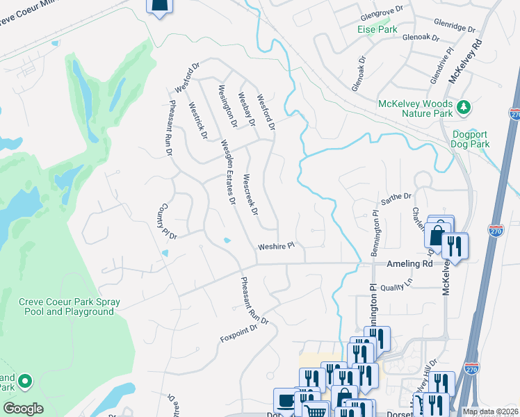 map of restaurants, bars, coffee shops, grocery stores, and more near 2331 Wescreek Drive in Maryland Heights