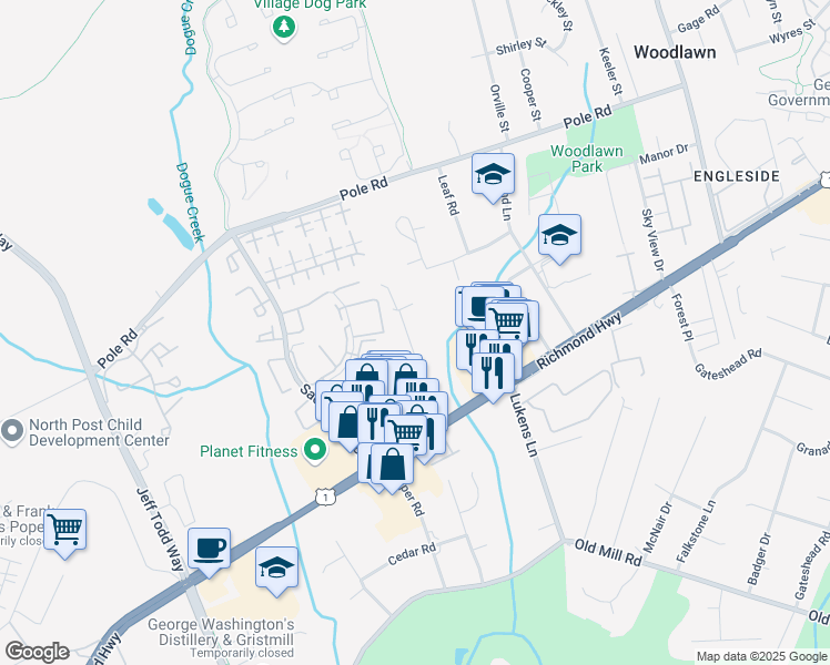 map of restaurants, bars, coffee shops, grocery stores, and more near 8609 Woodlawn Court in Alexandria