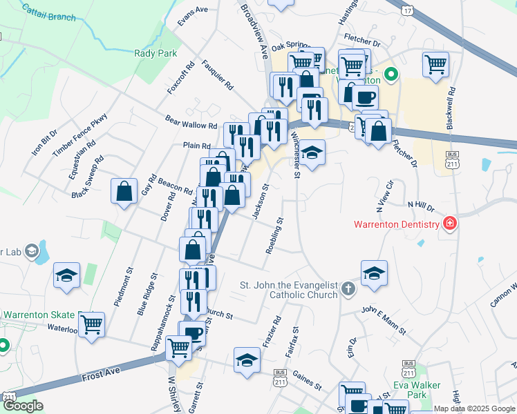 map of restaurants, bars, coffee shops, grocery stores, and more near 294 Jackson Street in Warrenton
