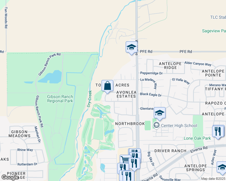 map of restaurants, bars, coffee shops, grocery stores, and more near 2818 Tourmaline Way in Antelope
