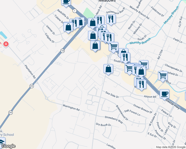 map of restaurants, bars, coffee shops, grocery stores, and more near 34400 Bronze Street in Rehoboth Beach