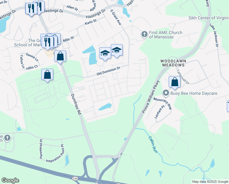 map of restaurants, bars, coffee shops, grocery stores, and more near 10720 Shadewell Spring Way in Manassas
