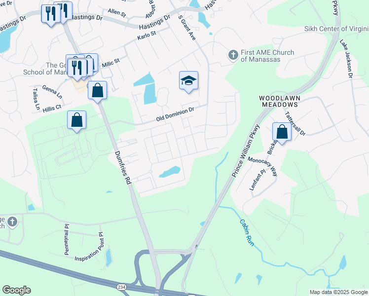 map of restaurants, bars, coffee shops, grocery stores, and more near 10720 Shadewell Spring Way in Manassas