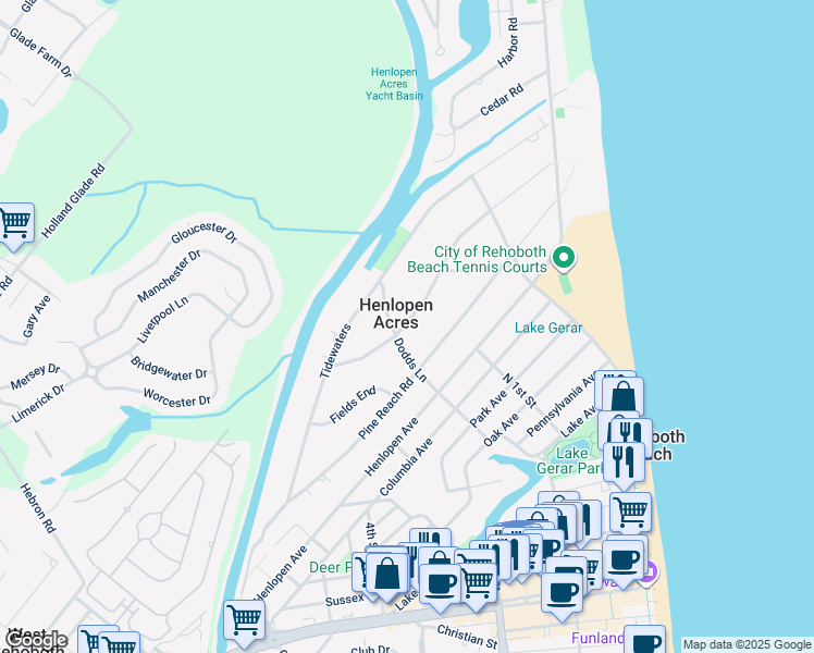 map of restaurants, bars, coffee shops, grocery stores, and more near 10 Dodds Lane in Rehoboth Beach
