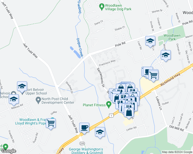 map of restaurants, bars, coffee shops, grocery stores, and more near 5526 Sacramento Mews Place in Alexandria