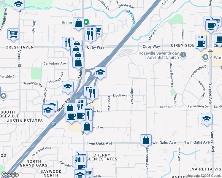 map of restaurants, bars, coffee shops, grocery stores, and more near 307 Livoti Avenue in Roseville