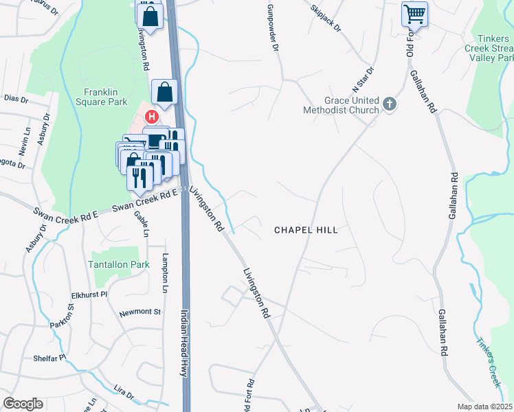 map of restaurants, bars, coffee shops, grocery stores, and more near 1410 Rich Hill Drive in Fort Washington