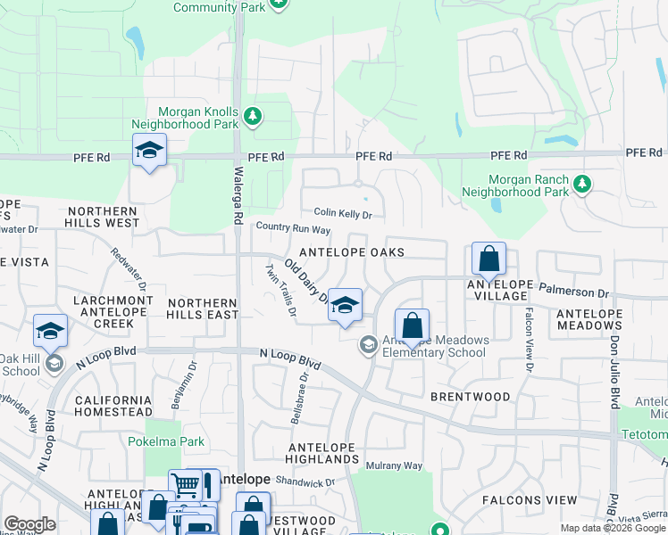 map of restaurants, bars, coffee shops, grocery stores, and more near 4561 Country Run Way in Antelope
