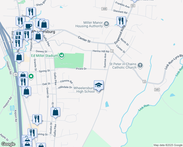 map of restaurants, bars, coffee shops, grocery stores, and more near 900 Pirate Drive in Wheelersburg