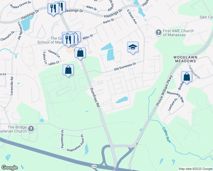 map of restaurants, bars, coffee shops, grocery stores, and more near 8838 Englewood Farms Drive in Manassas