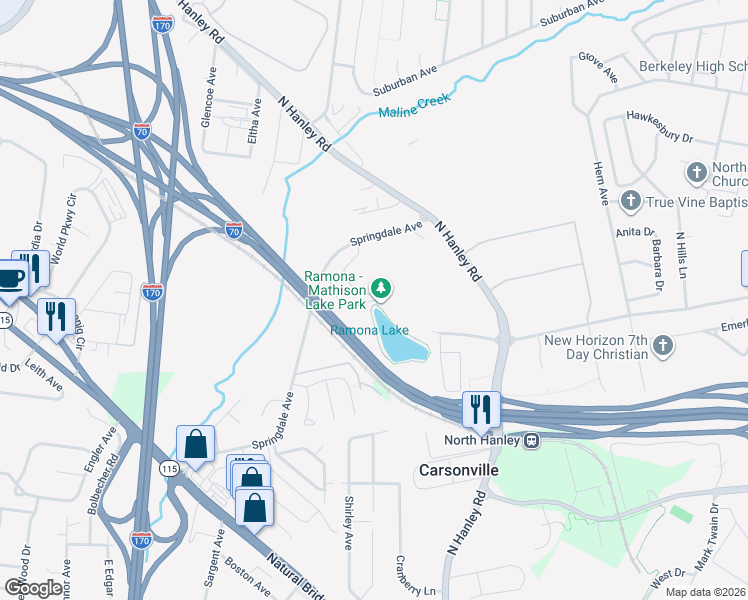 map of restaurants, bars, coffee shops, grocery stores, and more near 5101 Haverstick Road in St. Louis