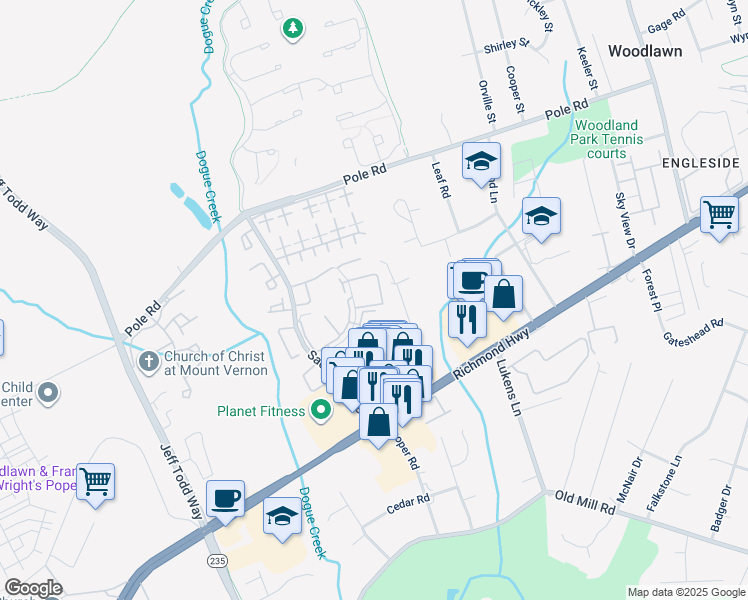 map of restaurants, bars, coffee shops, grocery stores, and more near 8678 Village Square Drive in Alexandria
