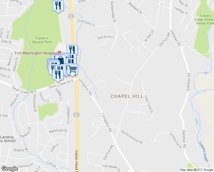 map of restaurants, bars, coffee shops, grocery stores, and more near 1410 Rich Hill Drive in Fort Washington