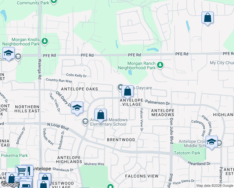 map of restaurants, bars, coffee shops, grocery stores, and more near 4835 Winter Oak Way in Antelope