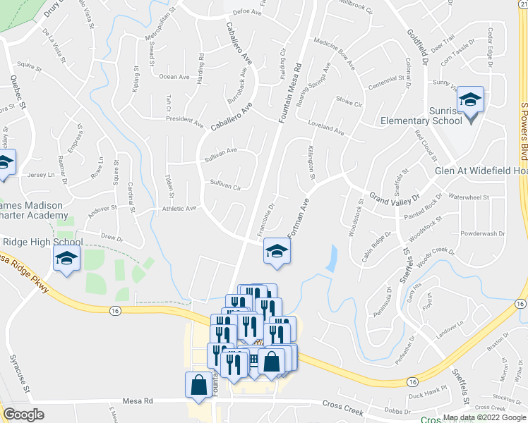 map of restaurants, bars, coffee shops, grocery stores, and more near 7410 Franconia Drive in Fountain