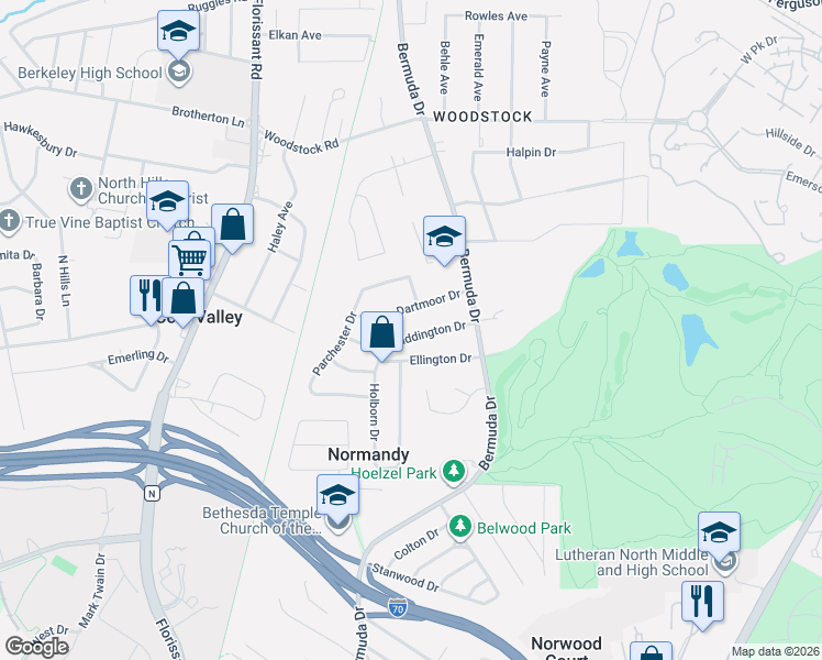 map of restaurants, bars, coffee shops, grocery stores, and more near 7755 Ellington Drive in St. Louis