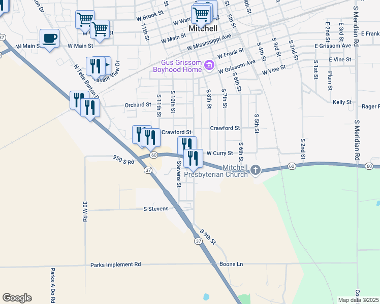 map of restaurants, bars, coffee shops, grocery stores, and more near 226 Indiana 60 in Mitchell
