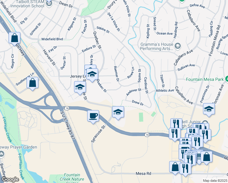 map of restaurants, bars, coffee shops, grocery stores, and more near 529 Griffith Way in Colorado Springs