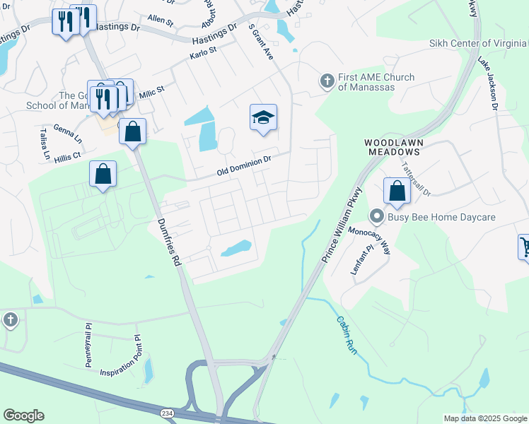 map of restaurants, bars, coffee shops, grocery stores, and more near 10721 Shadewell Spring Way in Manassas