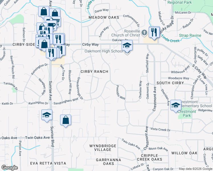 map of restaurants, bars, coffee shops, grocery stores, and more near 1307 Acacia Court in Roseville
