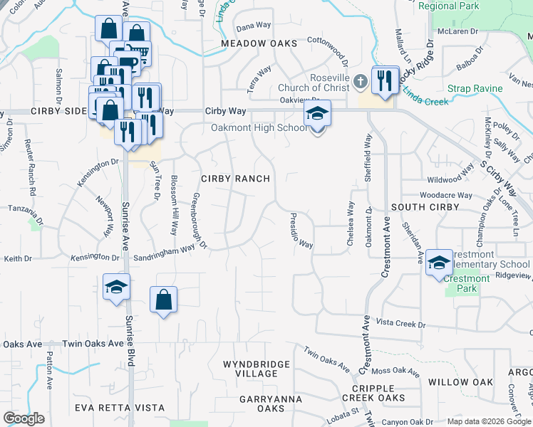 map of restaurants, bars, coffee shops, grocery stores, and more near 1307 Acacia Court in Roseville