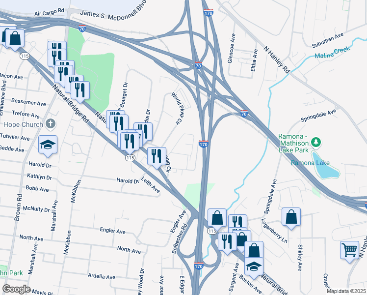 map of restaurants, bars, coffee shops, grocery stores, and more near 9309 Karole Manor Drive in St. Louis