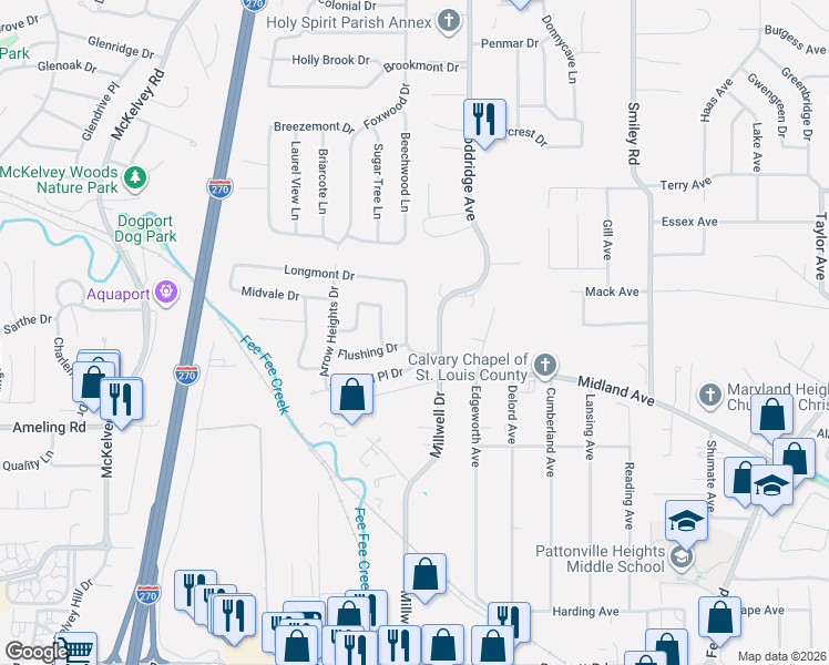 map of restaurants, bars, coffee shops, grocery stores, and more near 11815 Wexford Place Drive in Maryland Heights