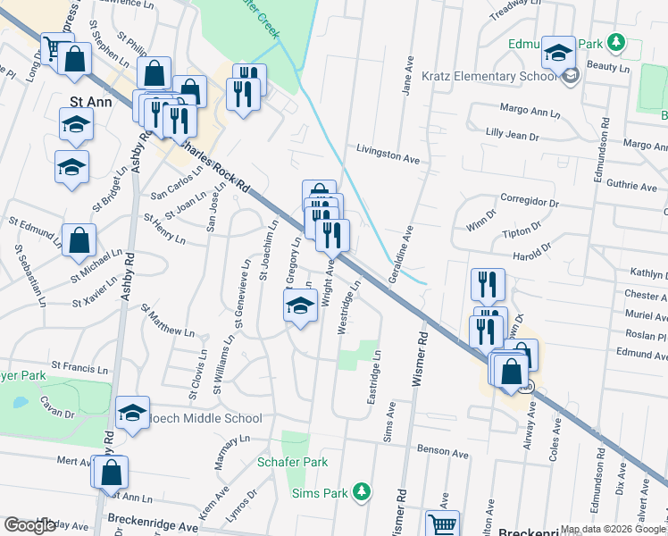 map of restaurants, bars, coffee shops, grocery stores, and more near 3575 Wright Avenue in Saint Ann