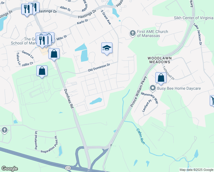 map of restaurants, bars, coffee shops, grocery stores, and more near 10721 Shadewell Spring Way in Manassas