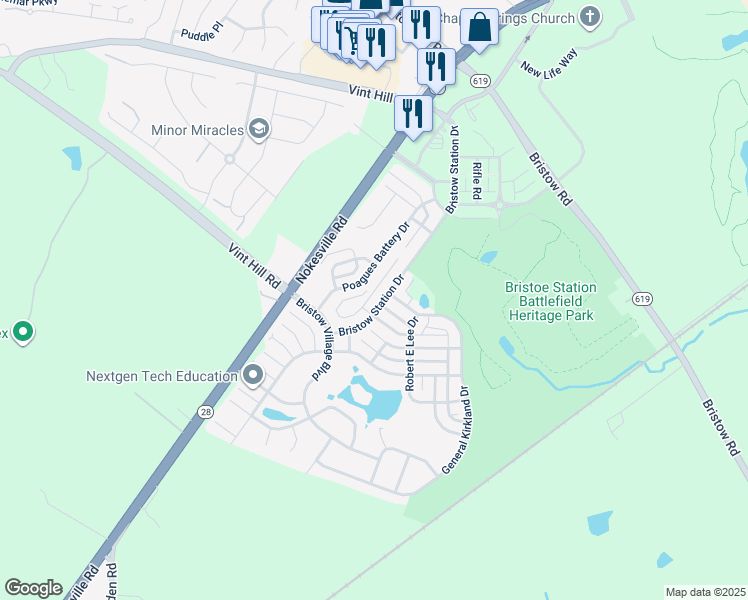 map of restaurants, bars, coffee shops, grocery stores, and more near 10640 Bristow Station Drive in Bristow