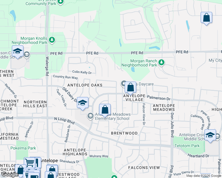 map of restaurants, bars, coffee shops, grocery stores, and more near 4646 Shade Tree Way in Antelope
