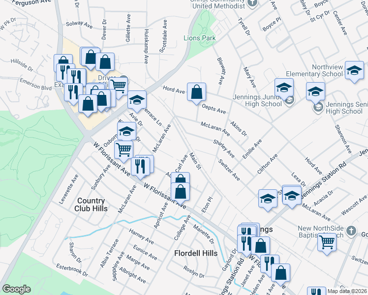 map of restaurants, bars, coffee shops, grocery stores, and more near 8433 Carl Avenue in Jennings
