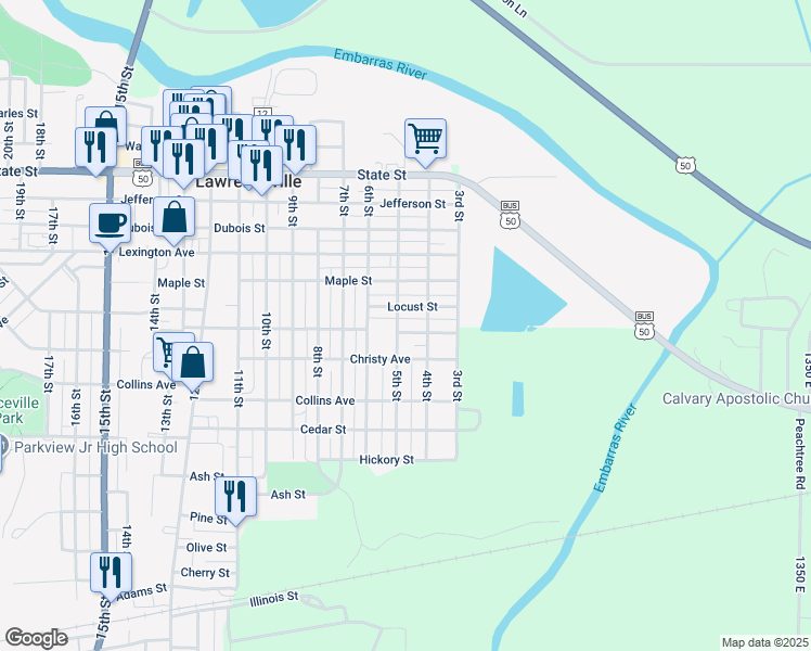 map of restaurants, bars, coffee shops, grocery stores, and more near 401-499 Locust Street in Lawrenceville