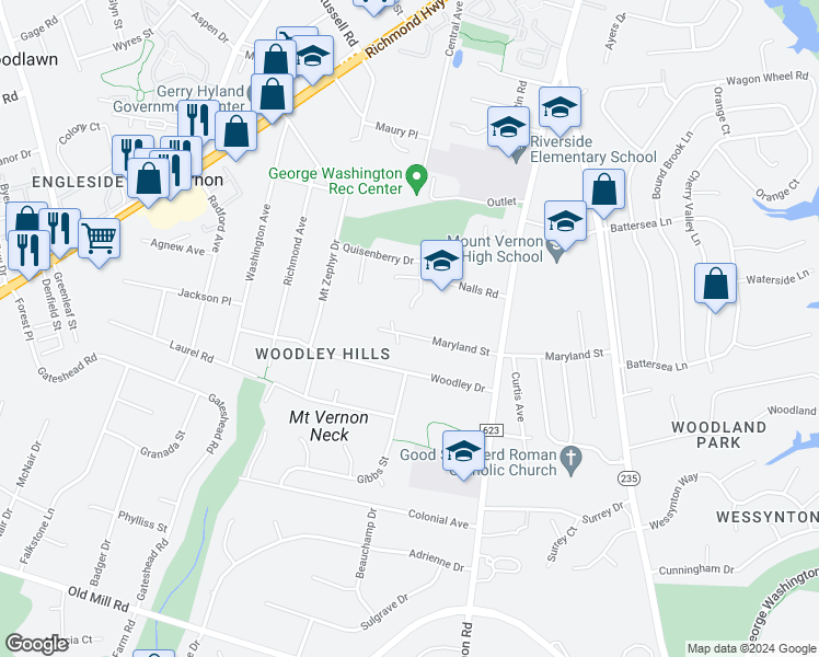 map of restaurants, bars, coffee shops, grocery stores, and more near 3808 Maryland Street in Alexandria