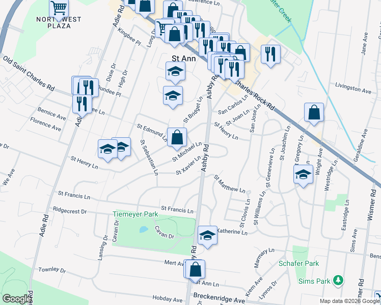 map of restaurants, bars, coffee shops, grocery stores, and more near 3601 Saint Bridget Lane in Saint Ann