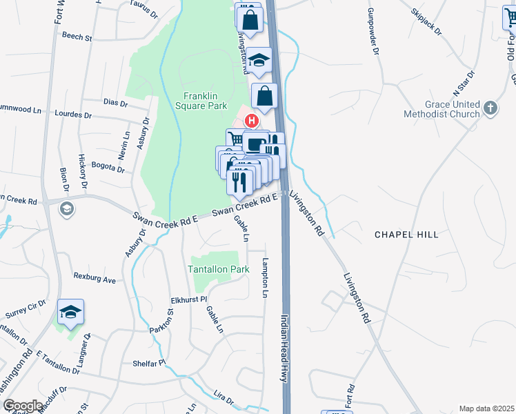 map of restaurants, bars, coffee shops, grocery stores, and more near Swan Creek Road in Fort Washington