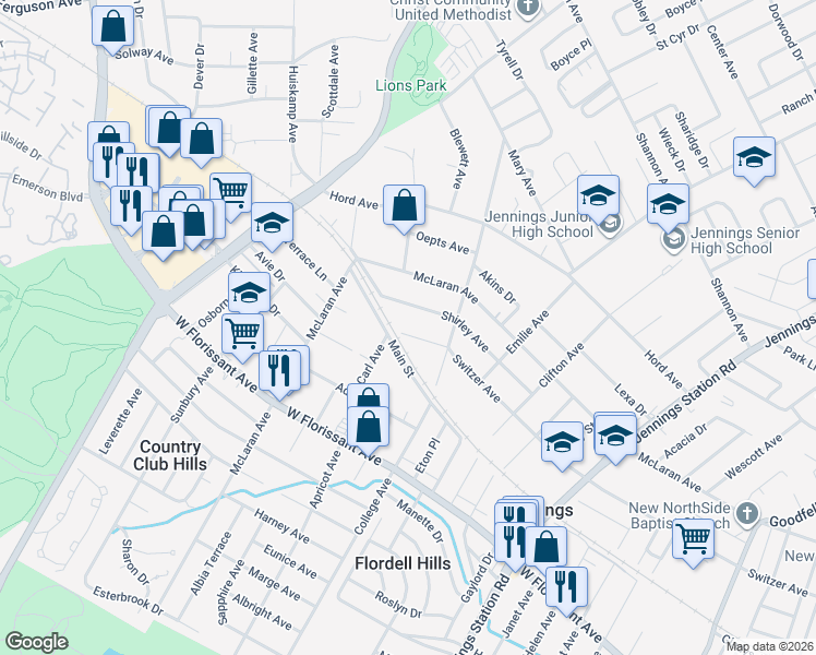 map of restaurants, bars, coffee shops, grocery stores, and more near 2552 Shirley Avenue in Jennings