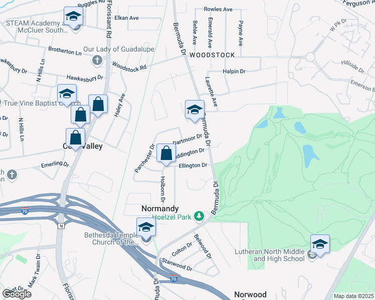 map of restaurants, bars, coffee shops, grocery stores, and more near 7737 Paddington Drive in St. Louis