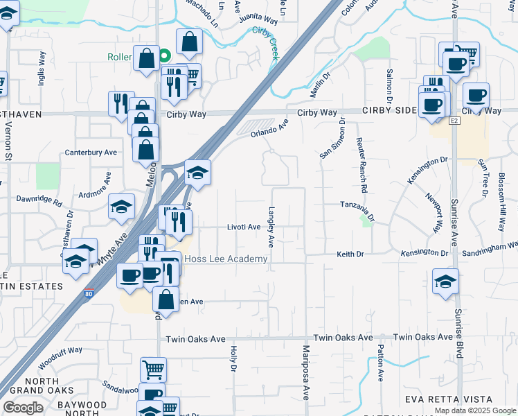 map of restaurants, bars, coffee shops, grocery stores, and more near 539 Roseville Ridge Court in Roseville