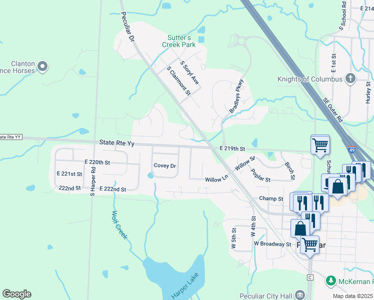 map of restaurants, bars, coffee shops, grocery stores, and more near 10606 Missouri YY in Peculiar