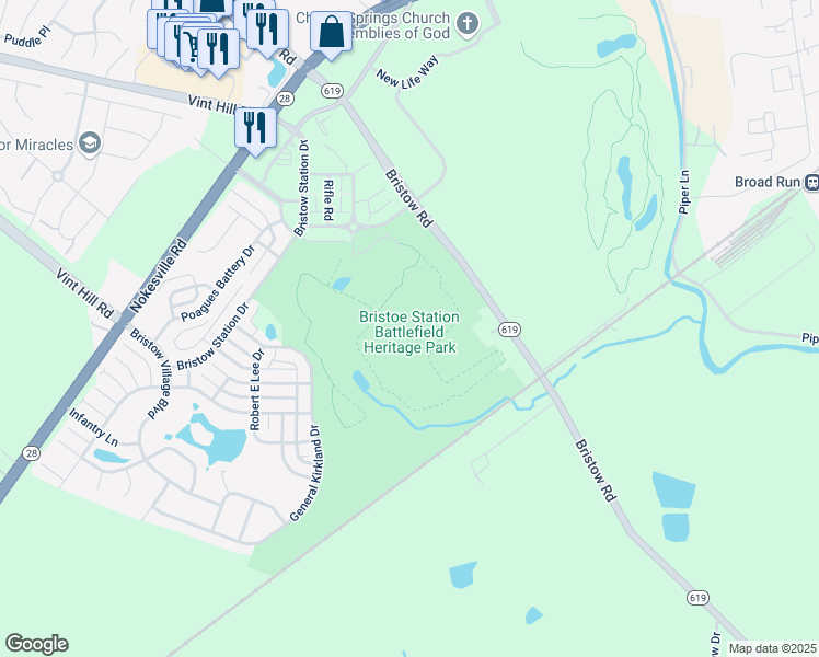 map of restaurants, bars, coffee shops, grocery stores, and more near in Bristow