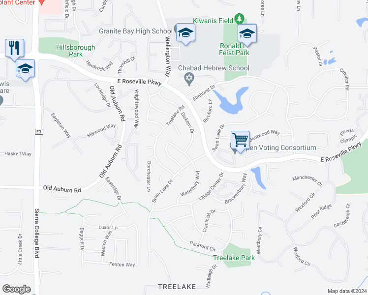 map of restaurants, bars, coffee shops, grocery stores, and more near 4760 Dickens Drive in Granite Bay