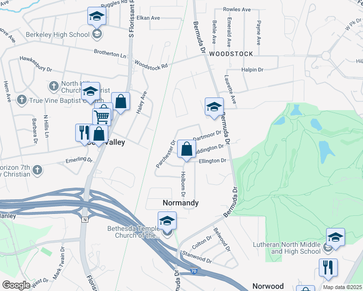 map of restaurants, bars, coffee shops, grocery stores, and more near 7836 Dartmoor Drive in St. Louis
