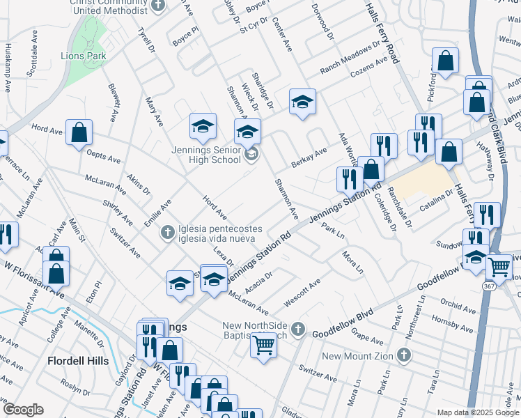 map of restaurants, bars, coffee shops, grocery stores, and more near 8842 Shady Grove Avenue in Jennings