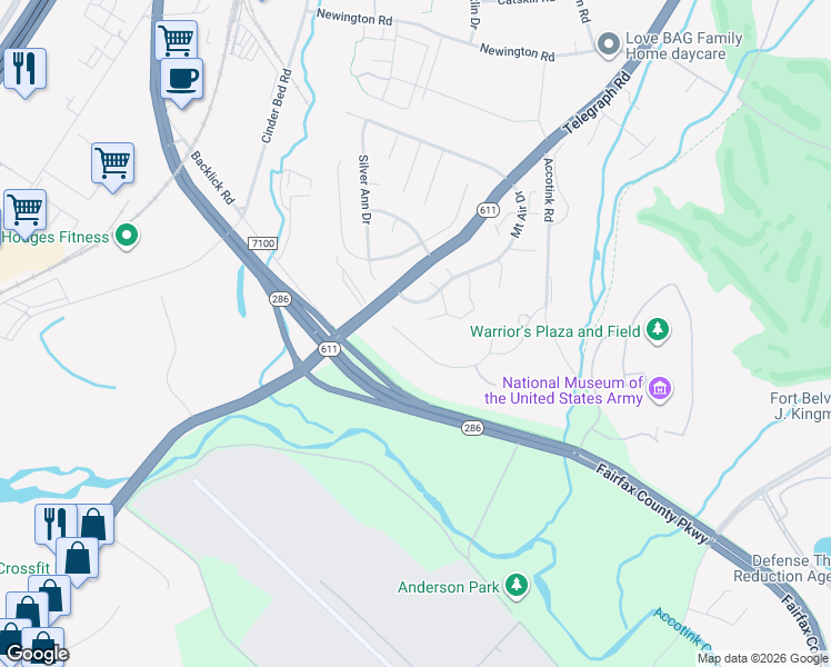 map of restaurants, bars, coffee shops, grocery stores, and more near 6846 Corder Lane in Lorton
