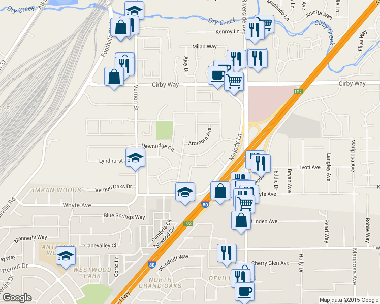 map of restaurants, bars, coffee shops, grocery stores, and more near 302 Dawnridge Road in Roseville