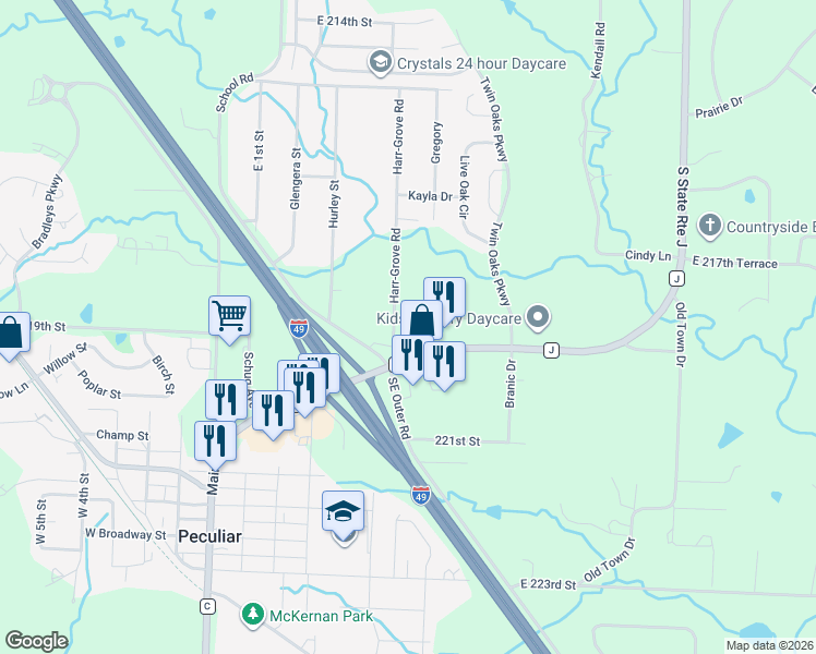 map of restaurants, bars, coffee shops, grocery stores, and more near 503 Iron Gate Court in Peculiar