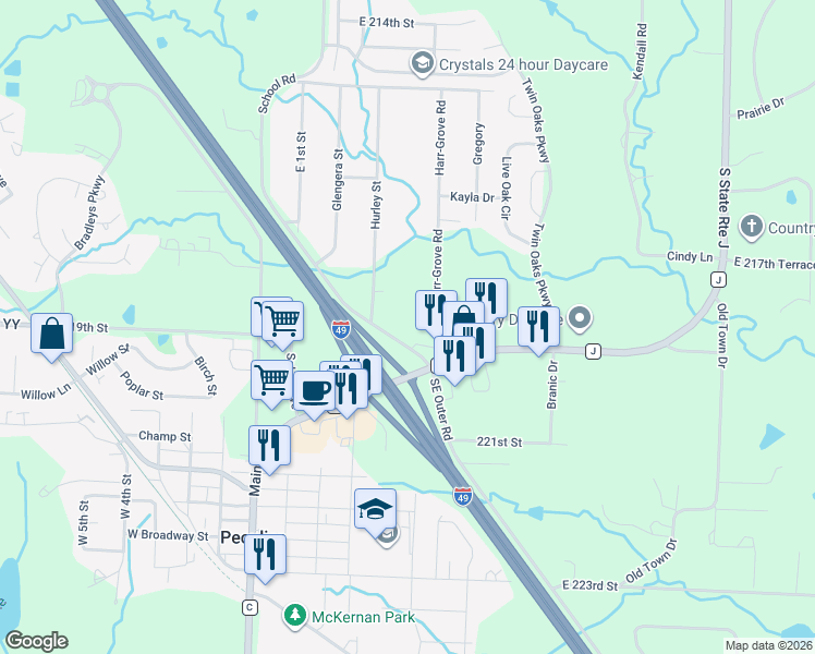 map of restaurants, bars, coffee shops, grocery stores, and more near 721 Harr-Grove in Peculiar