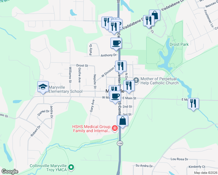 map of restaurants, bars, coffee shops, grocery stores, and more near 116 West Zupan Street in Maryville