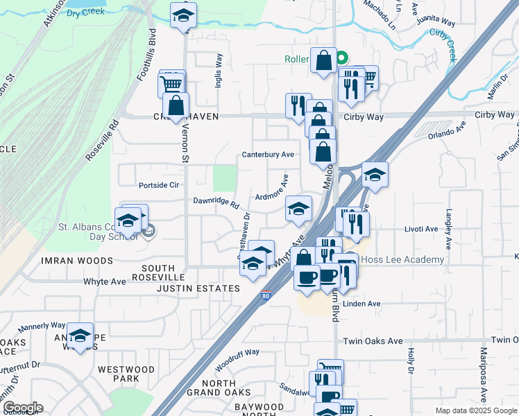 map of restaurants, bars, coffee shops, grocery stores, and more near 302 Dawnridge Road in Roseville